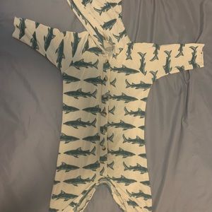 Kate Quinn bamboo 6-12m long shark romper. Boy. Girl. Gender neutral.